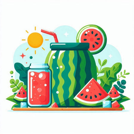 Watermelon smoothie in a jar. Vector illustration in flat style.のイラスト素材