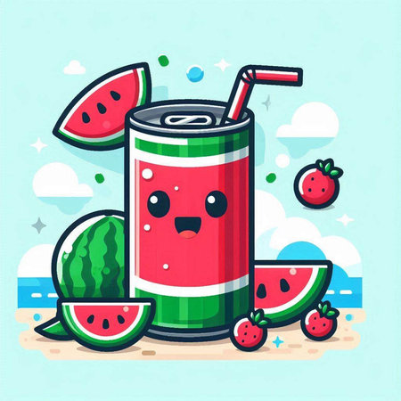 Watermelon smoothie in a tin can on the beach. Vector illustrationのイラスト素材
