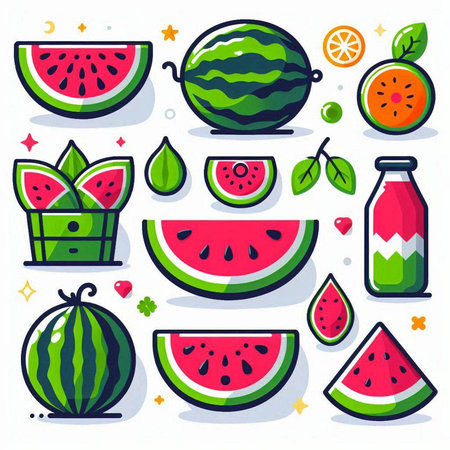 Watermelon and juice icon set. Vector illustration in flat style.のイラスト素材