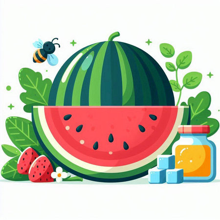 Watermelon vector illustration. Fresh watermelon with leaves, honey and bee.のイラスト素材