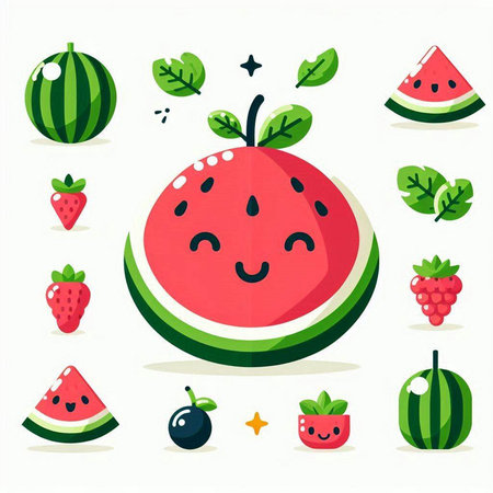 Funny watermelon and berries set. Vector illustration in flat styleのイラスト素材