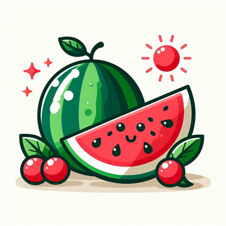 Watermelon with berries. Vector illustration in cartoon style on white backgroundのイラスト素材