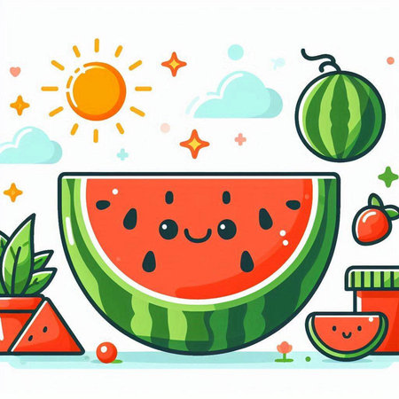 Cute cartoon watermelon on a white background. Vector illustration.のイラスト素材
