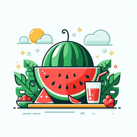 Watermelon and juice in a glass. Vector illustration in flat style.のイラスト素材