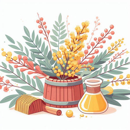 Mimosa flowers and honey. Vector illustration in cartoon style.のイラスト素材
