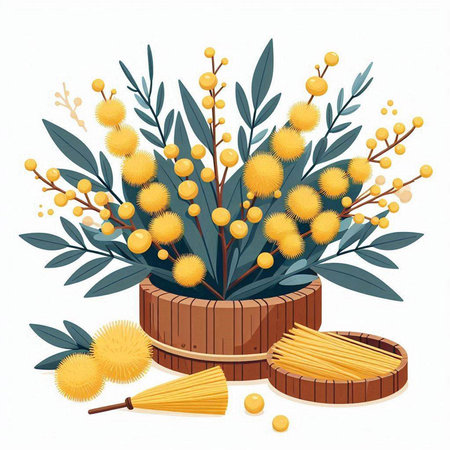 Bouquet of yellow mimosa flowers in wooden basket. Vector illustration.のイラスト素材