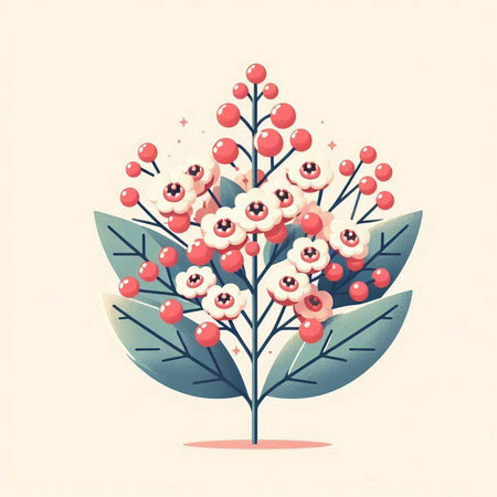 Flowering branch with berries and leaves. Vector illustration in retro style.のイラスト素材