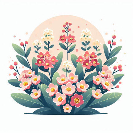 Cute floral background with pink flowers and green leaves. Vector illustration.のイラスト素材