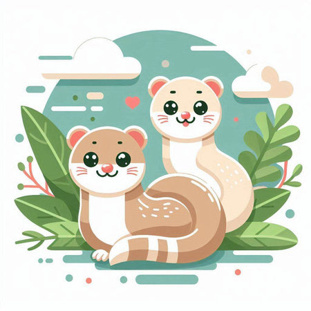 Cute cartoon otter couple on nature background. Vector illustration.のイラスト素材