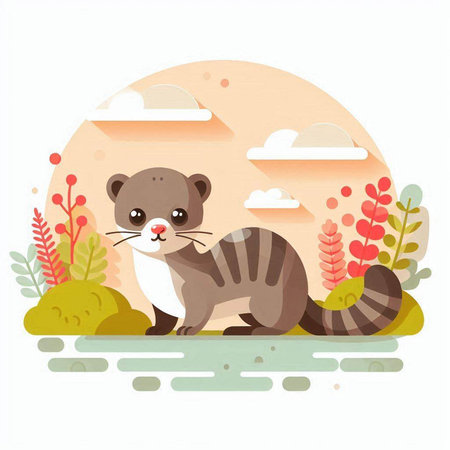 Cute raccoon in the park. Vector illustration in flat style.のイラスト素材