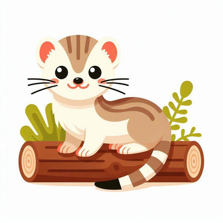 Cute cartoon cat sitting on log isolated on white background. Vector illustration.のイラスト素材