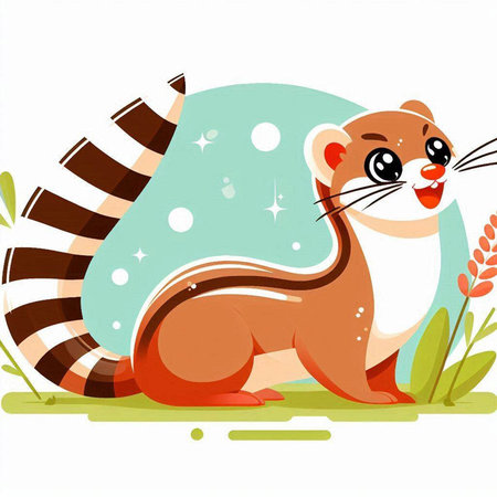 Cute ferret on a green meadow. Vector illustration.のイラスト素材