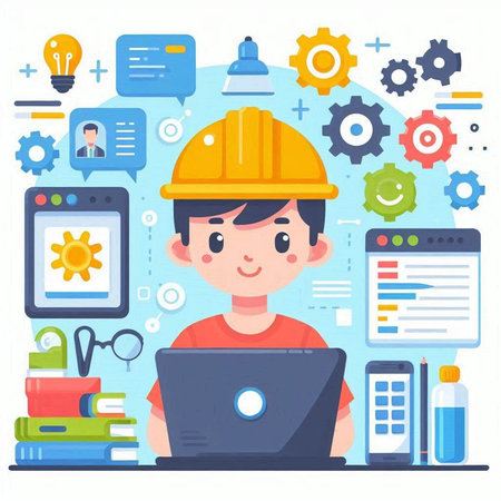 Engineer man in helmet working on laptop. Vector illustration in flat styleのイラスト素材