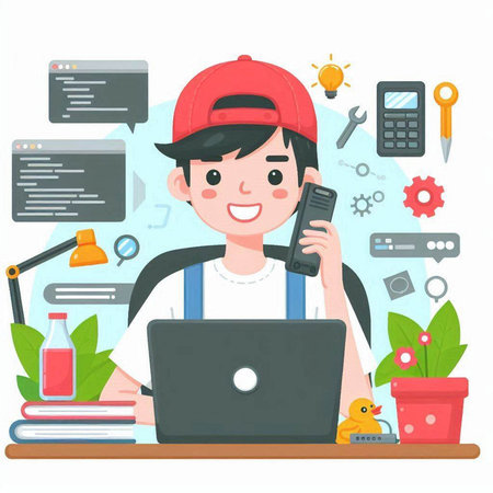 Vector illustration of a man working at home with a laptop and talking on the phoneのイラスト素材