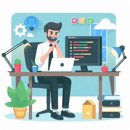 Man working in the office. Vector illustration in flat cartoon style.のイラスト素材