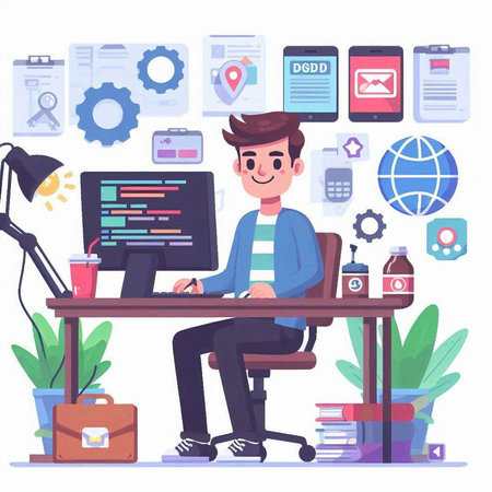 Programmer working at the computer. Software development. Vector illustration in a flat styleのイラスト素材
