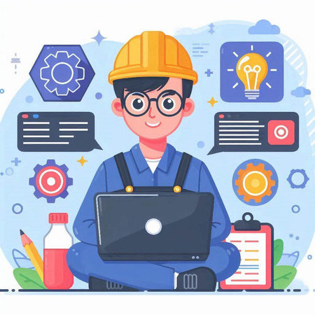 Engineer in helmet working with laptop. Vector illustration in flat styleのイラスト素材