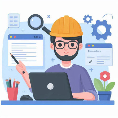 Engineer or architect working at his desk. Vector illustration in flat styleのイラスト素材