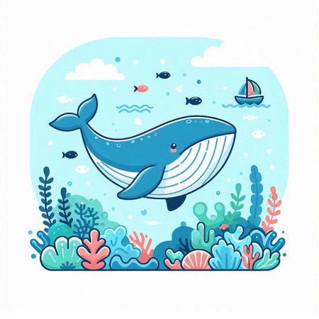 Cute cartoon whale in the sea. Vector illustration for your designのイラスト素材