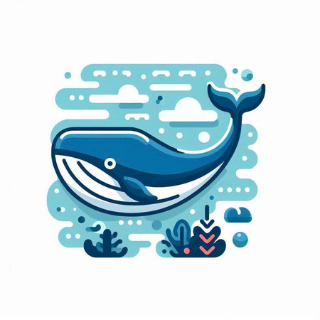 Blue whale in the sea. Vector illustration in a flat style.のイラスト素材