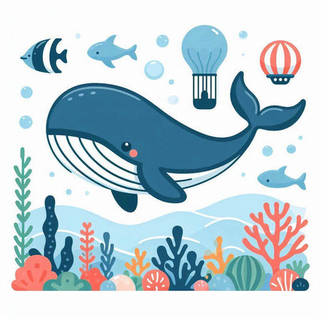 Cute cartoon whale in the sea. Underwater world. Vector illustration.のイラスト素材