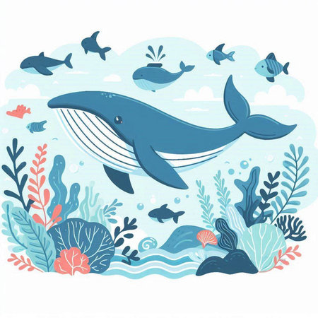 Cute whale in the sea. Underwater world. Vector illustration.のイラスト素材