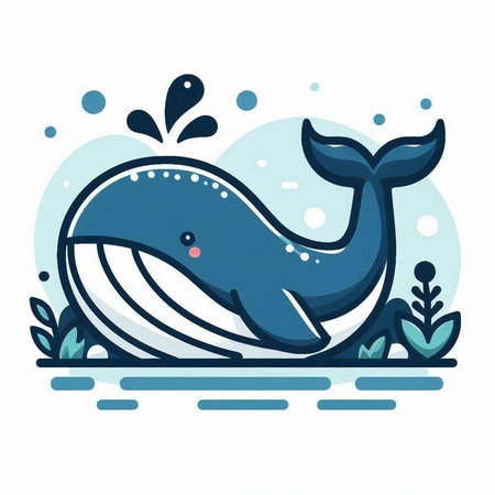 Cute blue whale in the sea. Vector illustration of a cartoon character.のイラスト素材