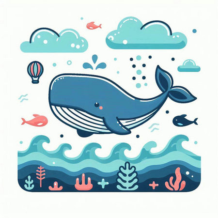 Cute cartoon whale in the sea. Vector illustration for your designのイラスト素材