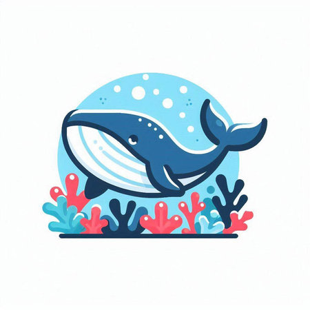 Cute cartoon blue whale on a coral reef. Vector illustration.のイラスト素材