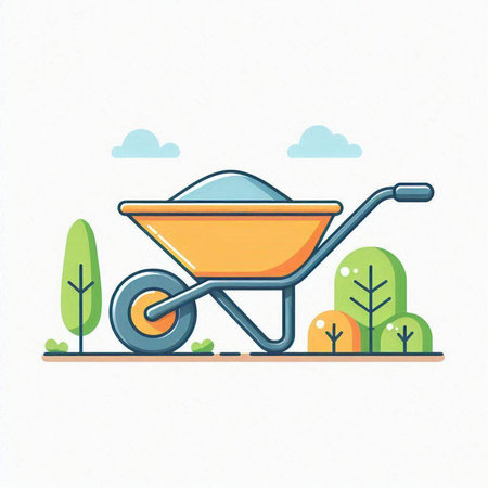 Wheelbarrow in the garden. Vector illustration in flat style.のイラスト素材