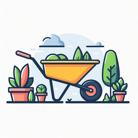 Garden wheelbarrow vector illustration. Flat line style design.のイラスト素材