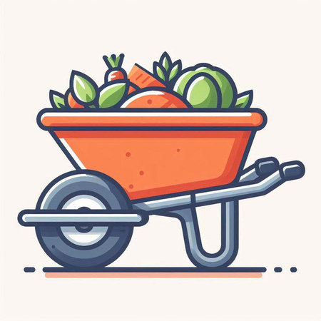 Wheelbarrow with fresh vegetables. Vector illustration in cartoon style.のイラスト素材