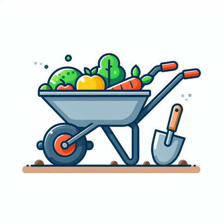 Wheelbarrow with fruits and vegetables. Flat design vector illustration.のイラスト素材