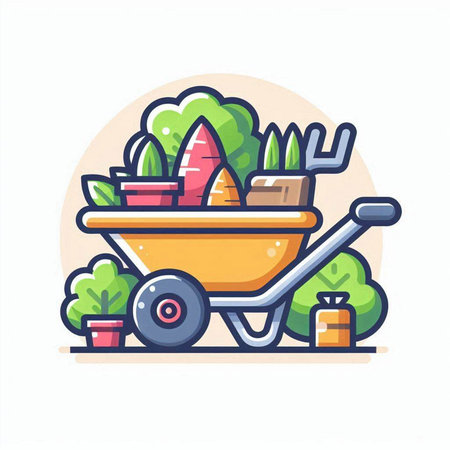 Wheelbarrow with different plants. Gardening concept. Vector illustrationのイラスト素材