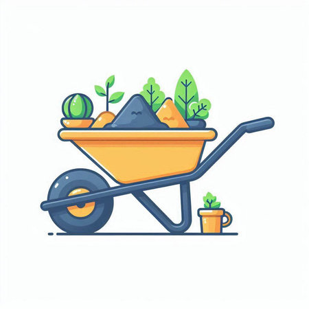 Wheelbarrow with soil and plants. Flat style vector illustration.のイラスト素材