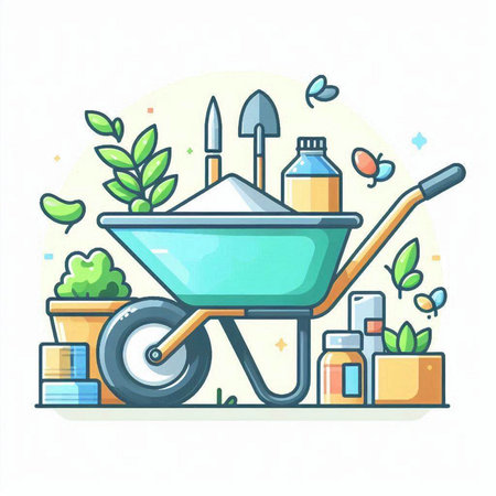 Gardening tools vector illustration. Wheelbarrow, rake, shovel, watering can, watering can, spray bottle, soil.のイラスト素材