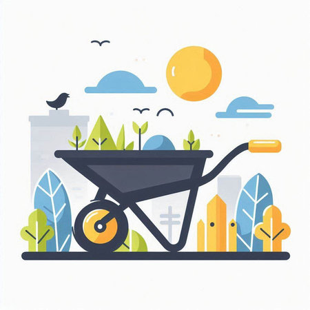 Wheelbarrow in the garden. Flat design. Vector illustration.のイラスト素材