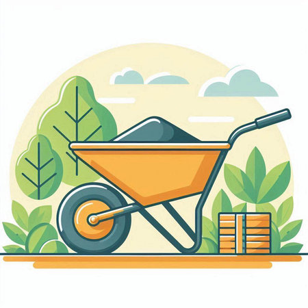 Wheelbarrow with bricks in the garden. Flat vector illustration.のイラスト素材