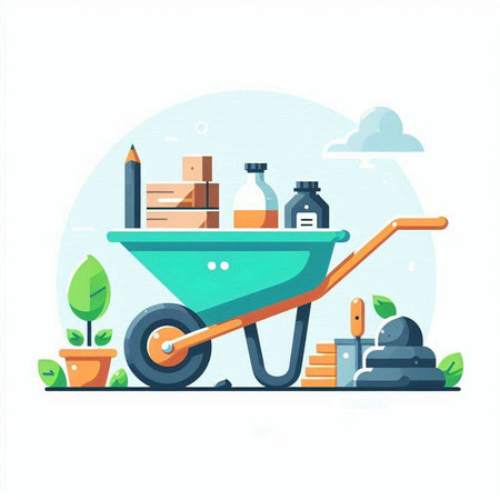 Gardening flat vector illustration. Wheelbarrow with tools and plants.のイラスト素材