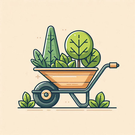 Garden wheelbarrow with plants. Vector illustration in flat styleのイラスト素材
