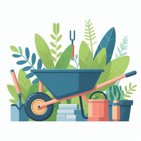 Garden tools and plants. Vector illustration in flat cartoon style.のイラスト素材