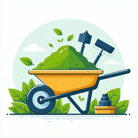 Wheelbarrow with soil, shovel and leaves. Vector illustration.のイラスト素材