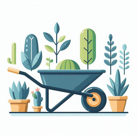 Gardening flat vector illustration. Wheelbarrow, cactus and succulents in pots.のイラスト素材