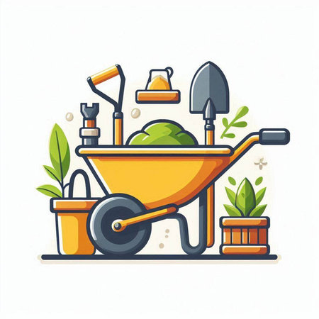 Gardening tools. Wheelbarrow, shovel, trowel, watering can, wheelbarrow. Vector illustrationのイラスト素材