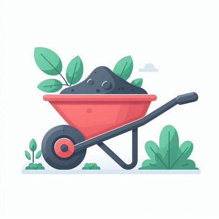 Wheelbarrow with soil and green leaves. Vector illustration in flat styleのイラスト素材