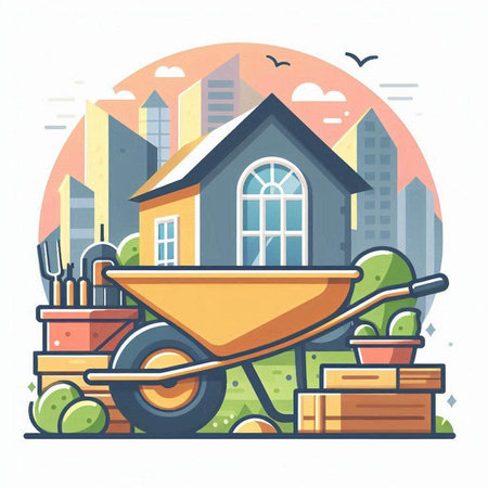 Gardening tools and house on the background of the city. Vector illustration.のイラスト素材