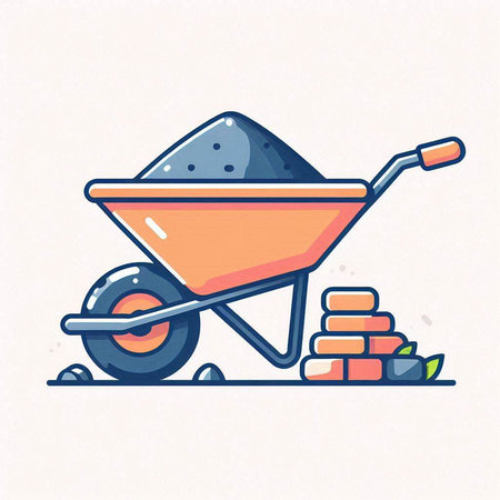 Wheelbarrow with sand and bricks. Vector illustration in flat styleのイラスト素材