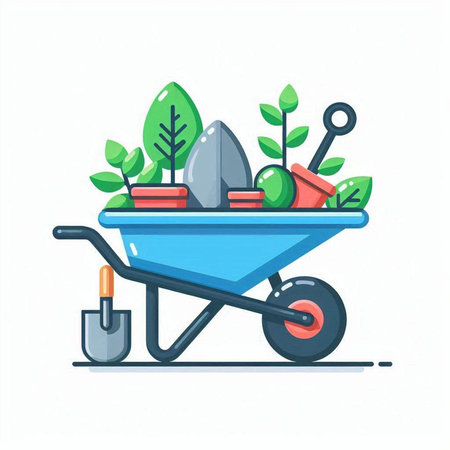 Wheelbarrow with gardening tools and plants. Vector flat illustration.のイラスト素材