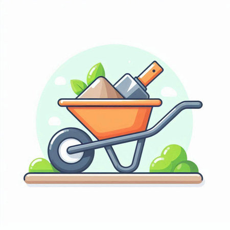 Garden wheelbarrow with shovel and rake. Vector illustration.のイラスト素材
