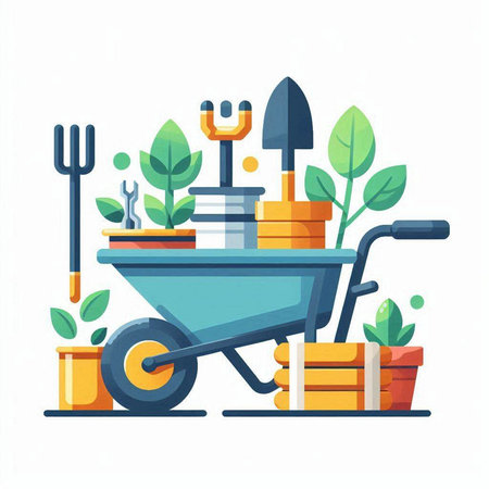 Garden wheelbarrow with tools. Vector illustration in flat styleのイラスト素材